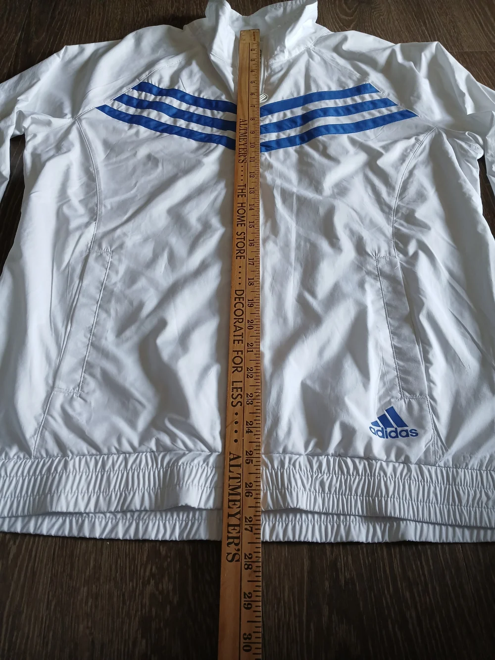 adidas Mens White Windbreaker with Blue Chevron Stripes and Logo
